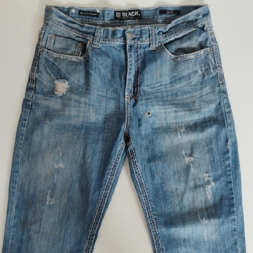 Black Label Slim Blue Jeans with Distressed Look